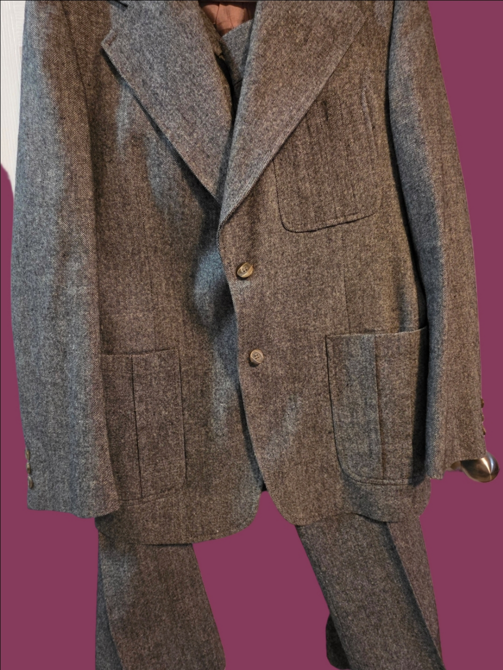 4/$97 Deal! Vintage Funky 70s Gray Herringbone Two-Piece Suit